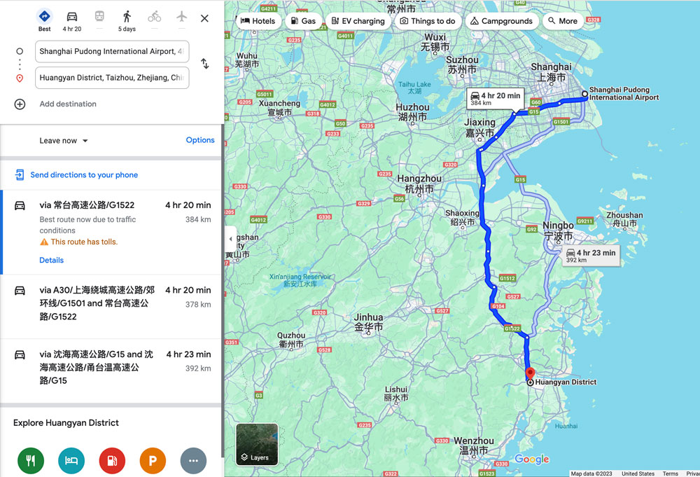 Del aeropuerto de Shanghái Pudong a Huangyan, provincia de Zhejiang