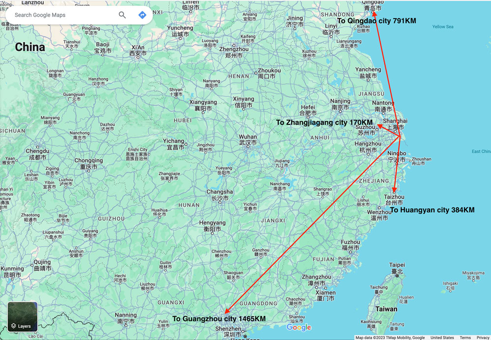 Mapa de rutas desde Shanghái a cada polo de producción de sopladoras