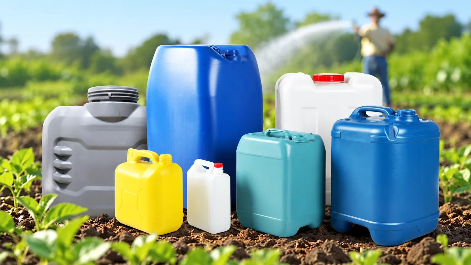 Siete botellas y envases con asa para agroquímicos adaptados del artículo original
