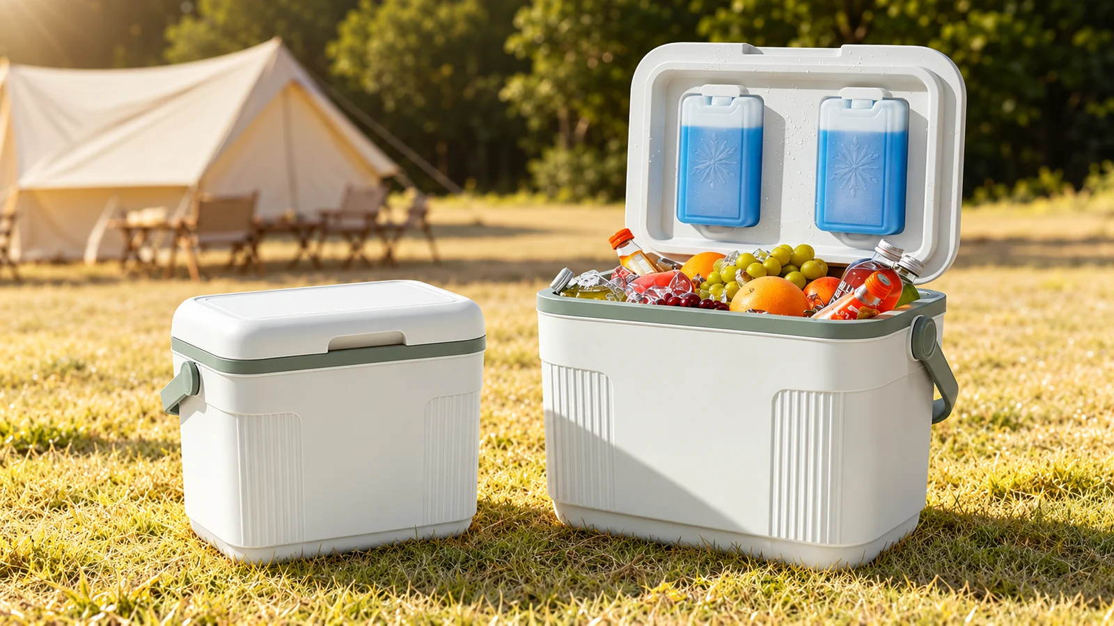 Hielera aislada abierta con geles refrigerantes azules en la tapa, adaptada de la imagen de aplicación original