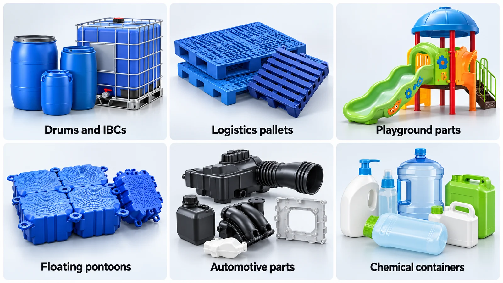 Ejemplos de productos huecos grandes, como tambores, IBC, pallets, piezas para juegos infantiles, pontones y contenedores