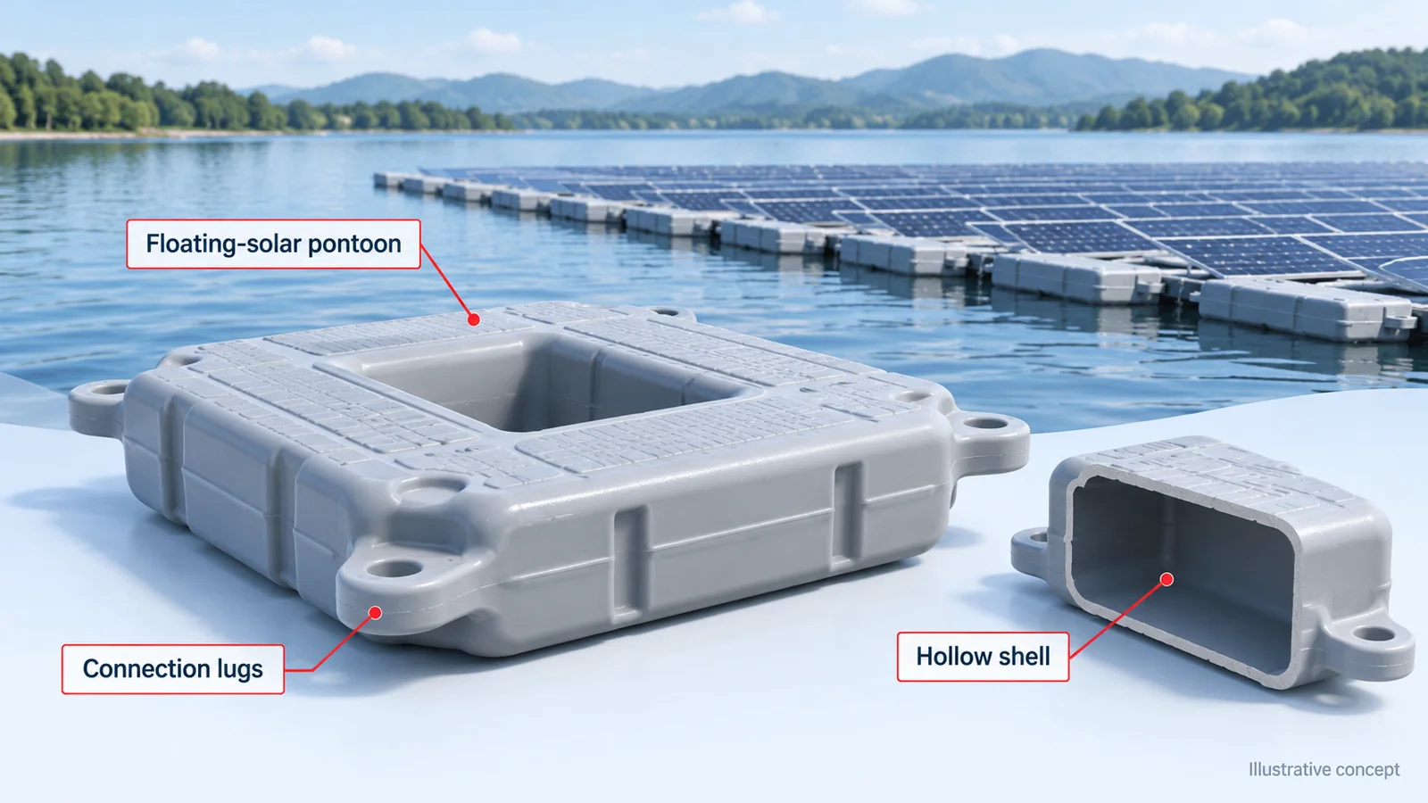 Concepto de flotador para solar flotante con carcasa hueca y orejas de conexión