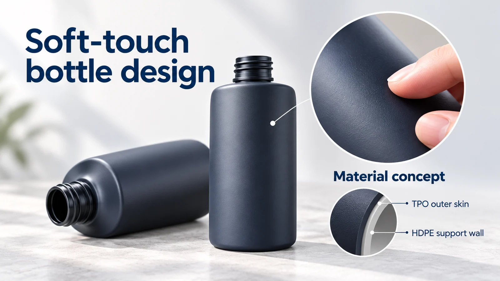Concepto de botella soft-touch con piel de TPO y pared de soporte de HDPE