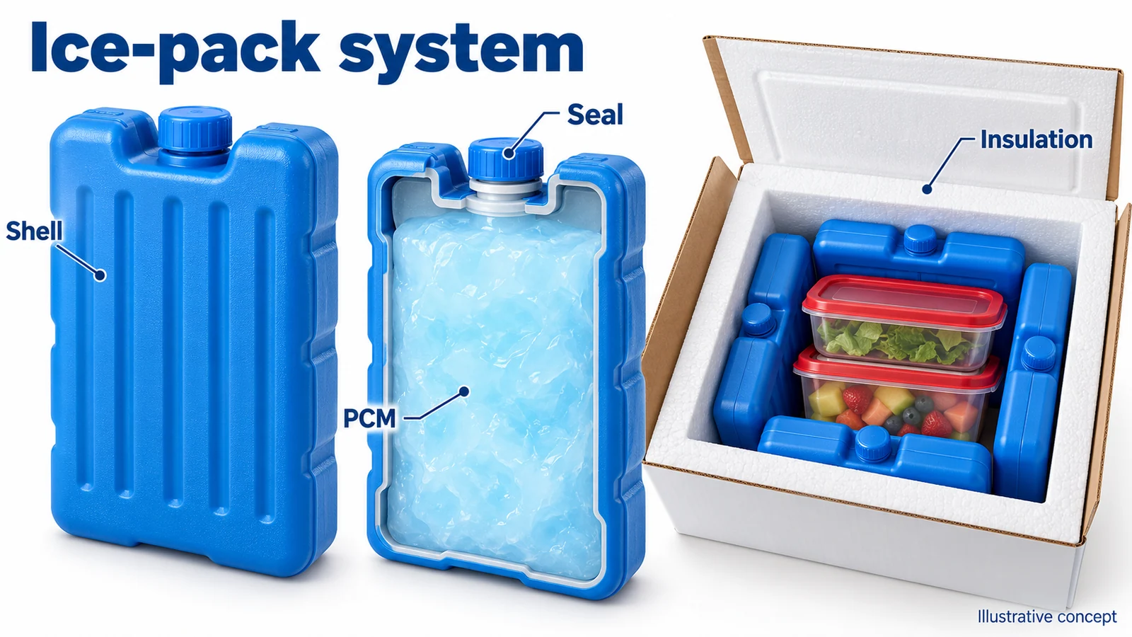 Carcasa de gel refrigerante, PCM, sello y caja de envío aislada