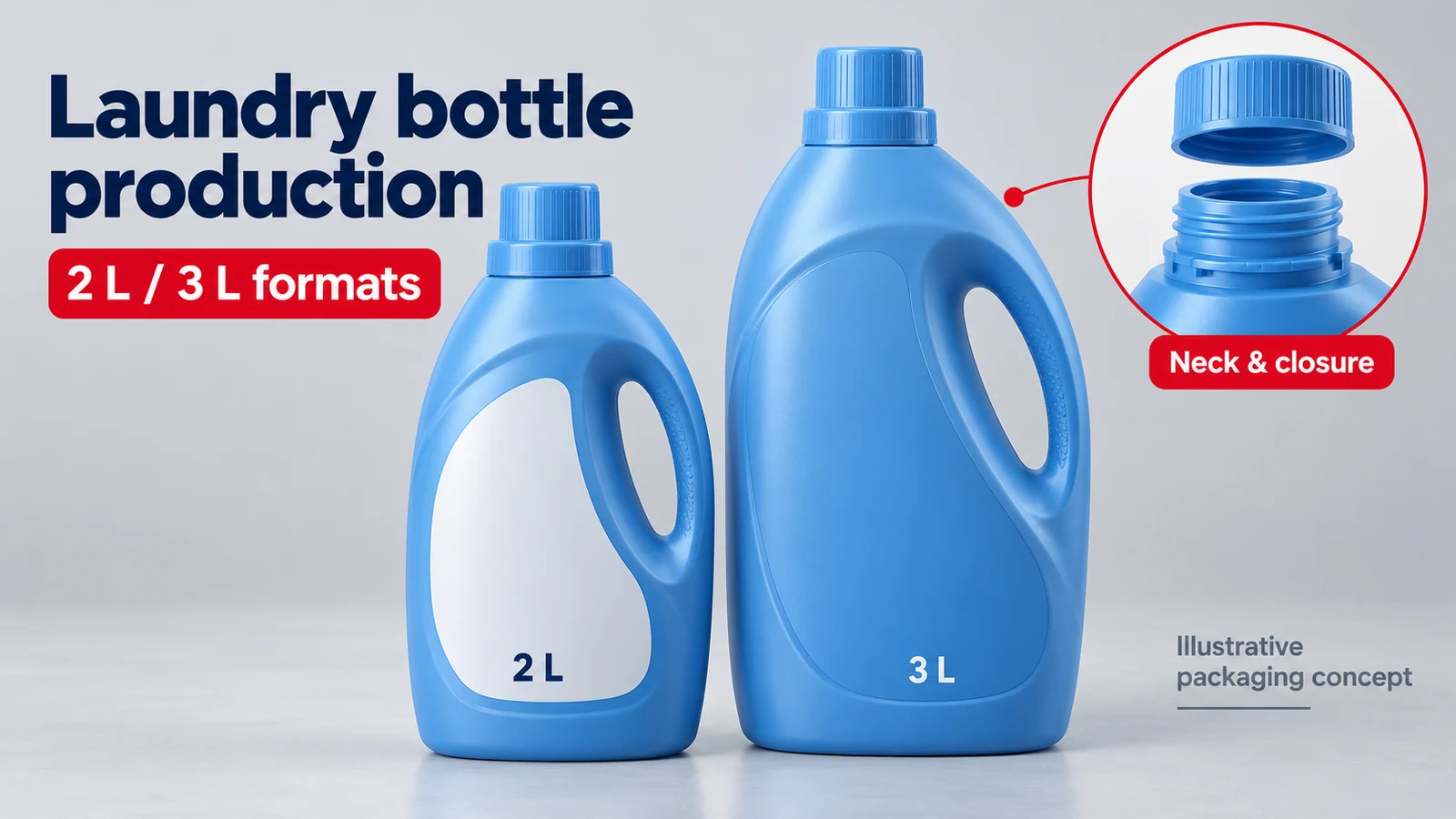 Dos botellas de detergente con asa que ilustran los formatos de 2 L y 3 L