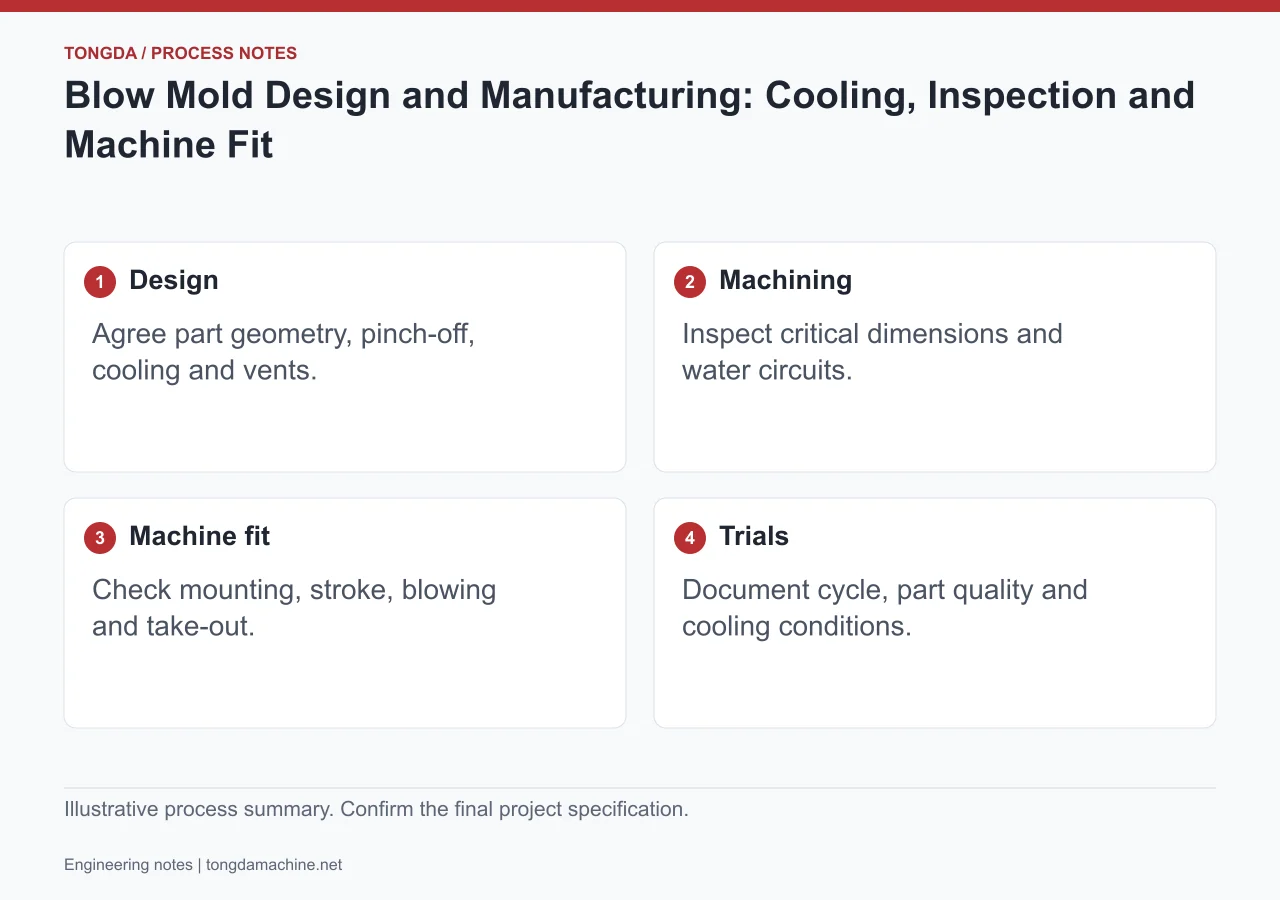 Etapas de desarrollo de un molde de soplado: diseño, mecanizado, ajuste a la máquina y pruebas de producción